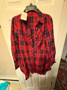 Plaid Long Sleeve Shirt Dress - Red/Navy